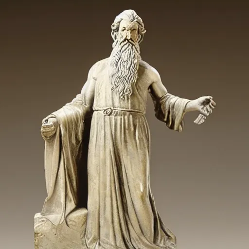 Prompt: Une statue monumentale en plein-pied de Gandalf, contrapposto, bronze poli, fonte à la cire perdue, Musée du Louvre catalog