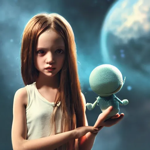 Image similar to a little alien girl with big sad black eyes and long hair holds a doll in her hands, sci - fi, 3 d, mysterious atmosphere, photorealistic, ultradetails