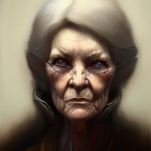 Image similar to an old woman with a mullet, portrait, close up, high detailed, craig mullins, peter mohrbacher, unreal engine, 8 k, dark beauty, trending on artstation