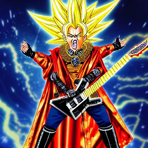 Image similar to uhd photorealistic detailed image of max voltage, the rock and roll emperor, dressed as super saiyan emperor, powering up, wearing extremely intricate rock and roll emperor costume and emperor makeup, with an emperor's electric guitar, by ayami kojima, amano, and karol bak