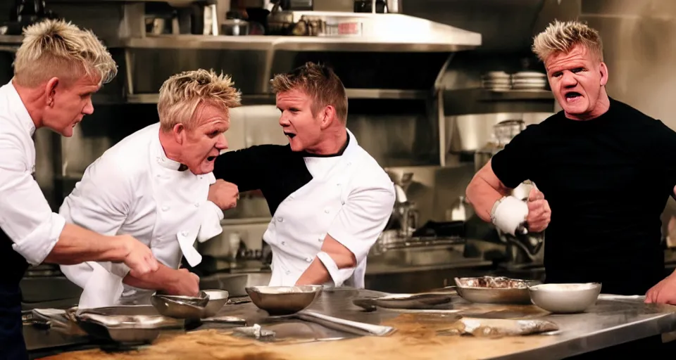 Image similar to photo of angry furious Gordon Ramsay punching Gordon Ramsay at the kitchen