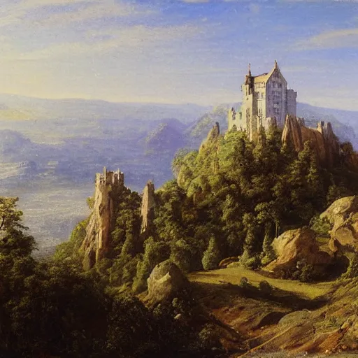 Image similar to a painting of a castle on top of a mountain, a matte painting by Charles Cundall,hudson river school, matte painting, rococo, detailed painting