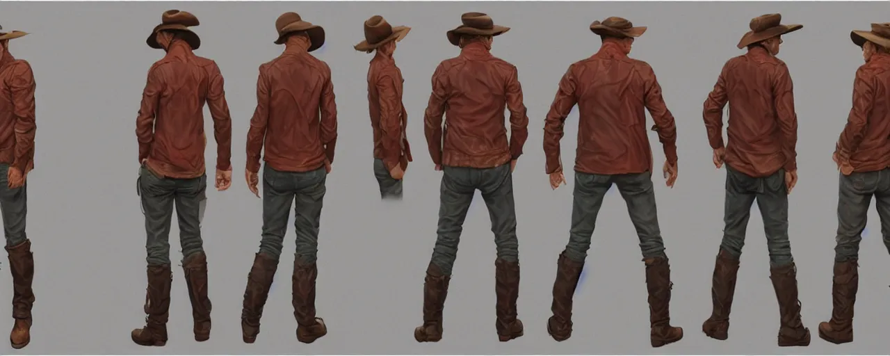 Prompt: character design, reference sheet, fashion, exagerrated thin, gaunt, 40's adventurer, unshaven, optimistic, stained dirty clothing, straw hat, riding boots, red t-shirt, dusty rown bomber leather jacket, , detailed, concept art, photorealistic, hyperdetailed, 3d rendering , art by Leyendecker and frazetta,