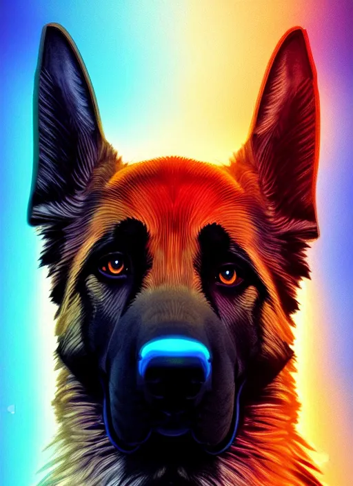 Image similar to symmetry!! product render poster vivid colors divine proportion german shepard hound floppy ears, scifi, glowing fog intricate, elegant, highly detailed, digital painting, artstation, concept art, smooth, sharp focus, illustration