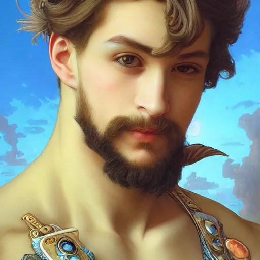 Image similar to a portrait painting of a fantasy steampunk male, highly detailed, art by tristan eaton and artgerm and william - adolphe bouguereau