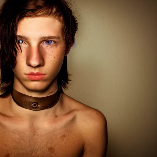 Prompt: a teenage boy, around 2 2 yo. choker necklace. natural brown hair. loincloth, pale skin. detailed face. ominous and eerie.