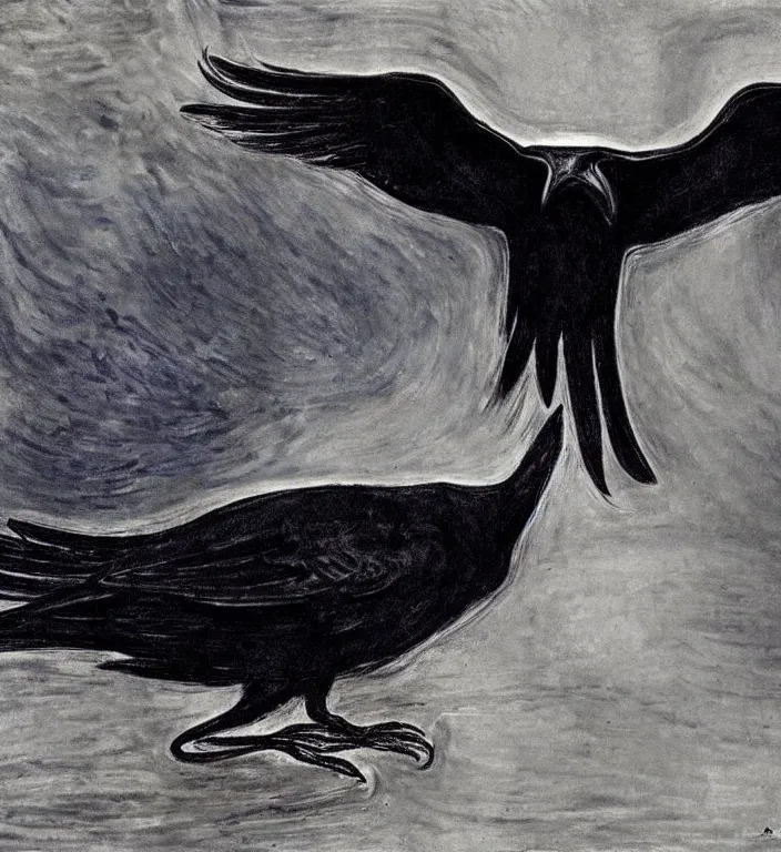 Image similar to epic digital art, realistic, extreme detail, by edvard munch of artistic form coming into being as two elements are successfully fused, raven bird.