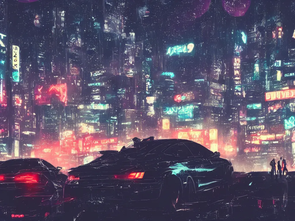 Image similar to Kanye West with JDM car at Tokyo at night sky full of stars with a lot of neon lights buildings makoto shinkai style, pixiv, 4k, wallpaper, high quality