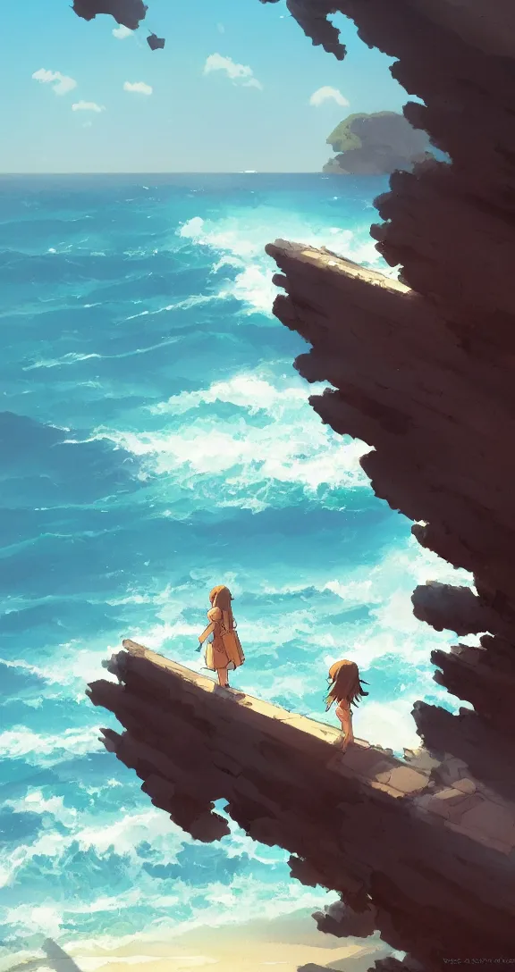 Image similar to Looking out at the waves, lots of ocean, uncluttered, tropical, bright, simple, by Studio Ghibli and Greg Rutkowski, artstation