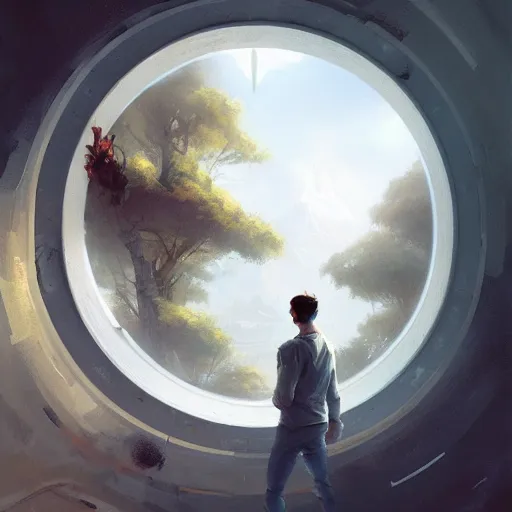 Image similar to a man looking out of a round window from space by peter mohrbacher, jeremy mann, greg rutkowski, android james, ross tran, beautiful, award winning scenery, 8 k quality, clean details, serene, sakura season