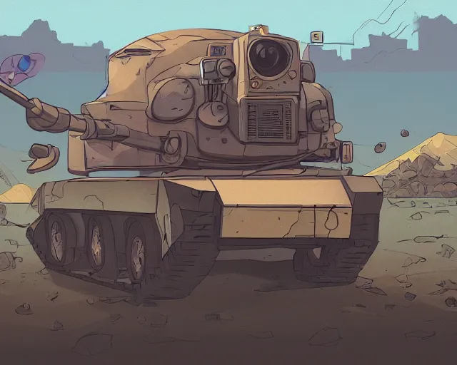 Image similar to a study of cell shaded cartoon tank with apole with dozens of cameras on it, driving on a desert road, road, illustration, wide shot, subtle colors, post grunge, concept art by josan gonzales and wlop, by james jean, victo ngai, highly detailed, sharp focus, trending on artstation, hq, deviantart, art by artgem