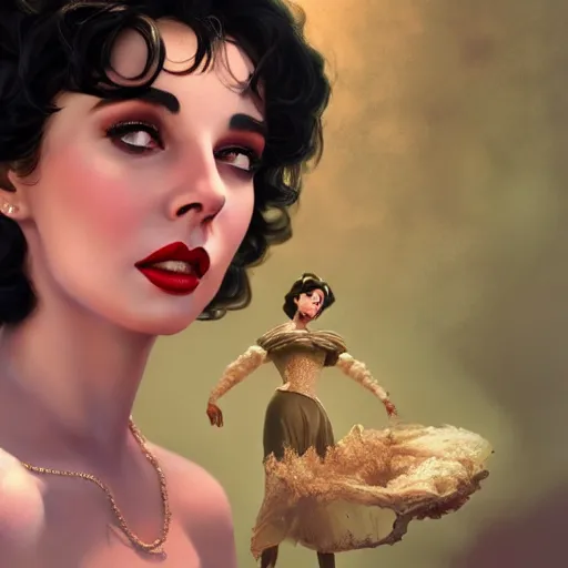 Image similar to elizabeth taylor as snow white, au naturel, hyper detailed, digital art, trending in artstation, cinematic lighting, studio quality, smooth render, unreal engine 5 rendered, octane rendered, art style by klimt and nixeu and ian sprigger and wlop and krenz cushart