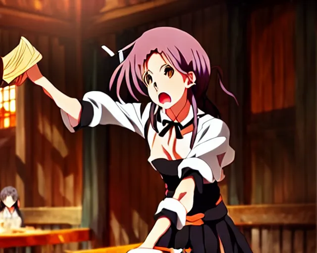 Image similar to key anime visual portrait of a young female witch in a tavern interior defending a companion, dynamic pose, dynamic perspective, cinematic, dramatic lighting.