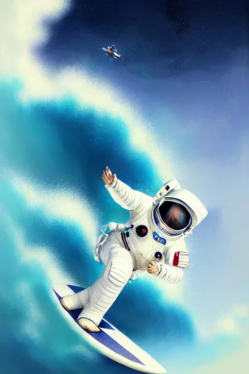 Image similar to a beautiful digital painting of an astronaut in a white space suit surfing the great wave on a surfboard by greg rutkowski, photorealistic, trending on artstation, octane render