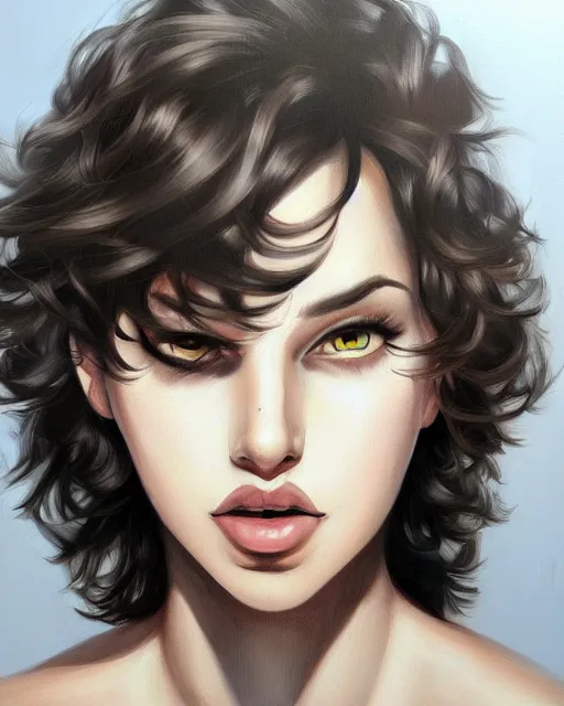 Image similar to portrait painting of an androgynous chubby 2 2 year old with short dark curly hair and pale skin, dark eyeliner, artgerm, deviantart, artstation