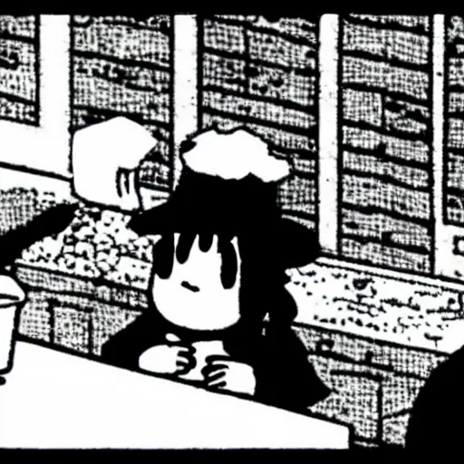 Prompt: cctv footage of snufkin eating ice cream