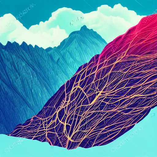 Prompt: mind exploration, vivid abstract landscape, mountains in background, brain like structures, main path is visible and energetic, large scale dimentional photo