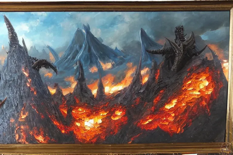 Prompt: oil painting mordor with dragons flying and knights fighting,