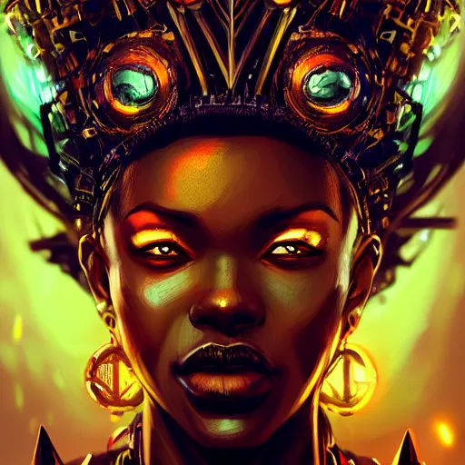 Image similar to a dark and ominous african queen with glowing eyes and a golden crown with a ruby and a black diamond in her forehead, Apex Legends character digital illustration portrait design, by android jones and greg rutkowski in a cyberpunk voodoo style, detailed, cinematic lighting, wide angle action dynamic portrait