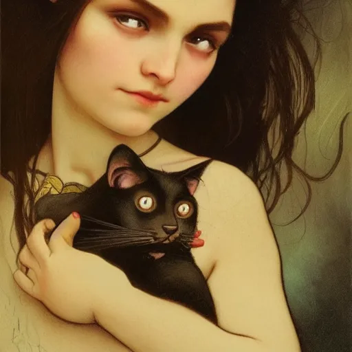 Image similar to baby - face goth girl with long dark hair parted sideways thick eyebrows and dark eyes, she is holding a cat in her arms, by juan villafuerte, greg rutkowski and alphonse mucha, pexels contest winner, high quality photo, rtx, hd