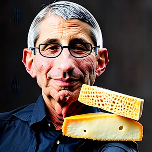 Image similar to uhd photorealistic anthony fauci made of various cheeses. photo by annie leibowitz