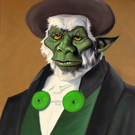 Image similar to detailed portrait painting of gentleman orc with green skin wearing brown tuxedo