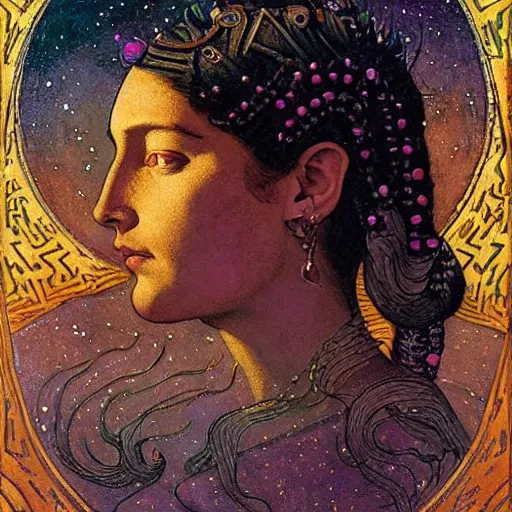 Image similar to queen of the moon with stars in her hair, by nicholas roerich and annie swynnerton and donato giancola and dulac, dramatic lighting, god rays, geometric tattoos, rich colors, smooth sharp focus, extremely detailed, leo and diane dillon, adolf wolfli