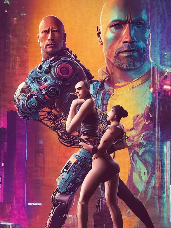 Image similar to a cyberpunk 2077 portrait of Dwayne Johnson holding a female android dancer with tango pose,complex mess of cables and wires behind them connected to giant computer, love moive,film lighting, by laurie greasley,Lawrence Alma-Tadema,William Morris,Dan Mumford, trending on atrstation, full of color,face enhance, highly detailed,8K, octane,golden ratio,cinematic lighting