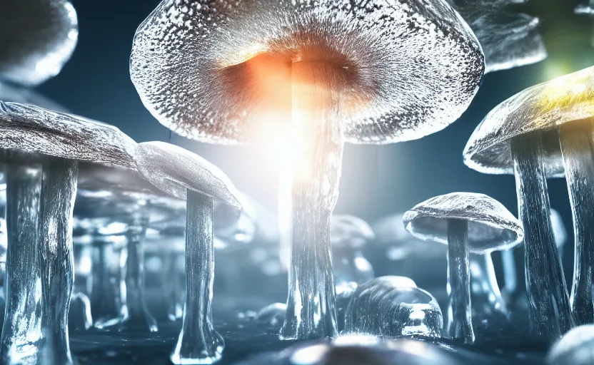 Prompt: a photography from cristal clear mushroom, god rays, raytracing effects, 8 k, photorealistic, 2 4 mm