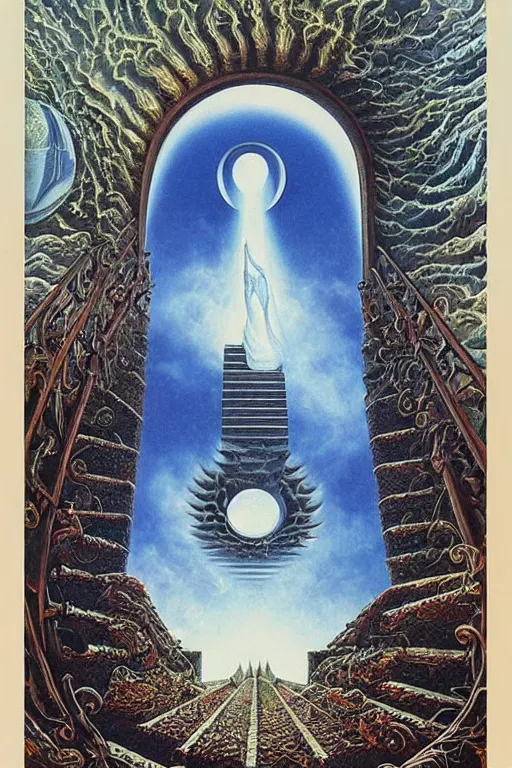 Image similar to staircase towards a otherworldly entrance into another universe, majestic occult gates, magical weird, strange fantastic, by octavio ocampo