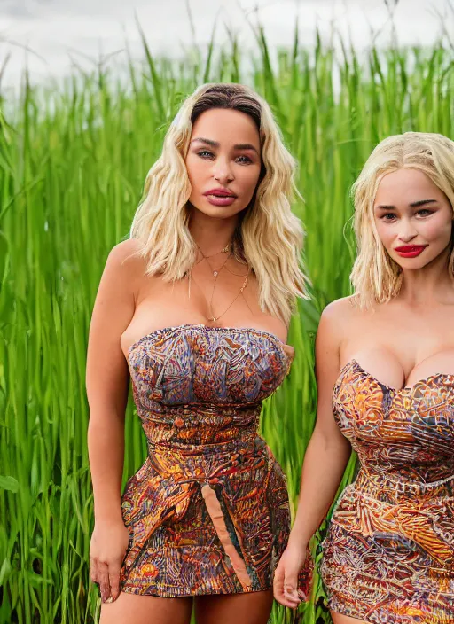 Image similar to portrait of lindsey pelas and emilia clarke wearing batik tube top in a paddy field, by charlotte grimm, studio light, detailed face, canon eos c 3 0 0, ƒ 1. 8, 3 5 mm, 8 k, medium - format print, half body shot