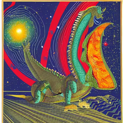 Image similar to composed by howard arkley, by beeple, by jean auguste dominique ingres. a body art of a dragon in space. the dragon is in the foreground with its mouth open rows of sharp teeth. coiled & ready to strike, its tail is wrapped around a star in the background. background is full of stars & galaxies.