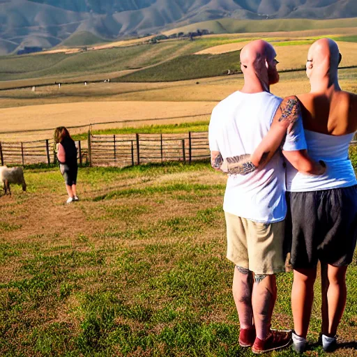 Prompt: portrait of a bald white male tattoos and his white female wife with tattoos. male is wearing a white t - shirt, tan shorts, white long socks. female is has long brown hair and a lot of tattoos. photo taken from behind them overlooking the field with a goat pen. rolling hills in the background of california and a partly cloudy sky