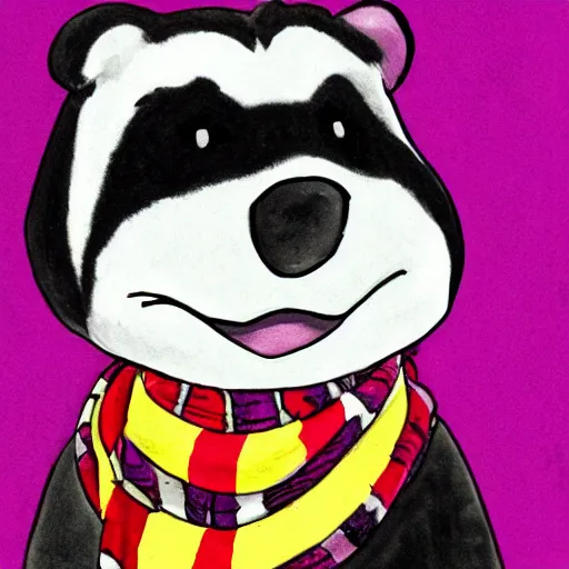 Image similar to badger wearing a scarf, cartoon style