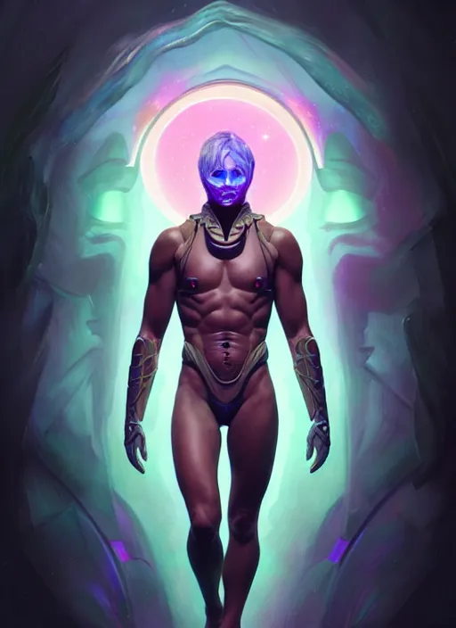 Image similar to a faceless masculine humanoid adventurer made of liquefied stardust, dnd fantasy character, full body portrait, glowing neon skin, magical aura, ultra realistic, intricate, elegant, highly detailed, digital painting, artstation, smooth, sharp, focus, illustration, art by artgerm and greg rutkowski and alphonse mucha