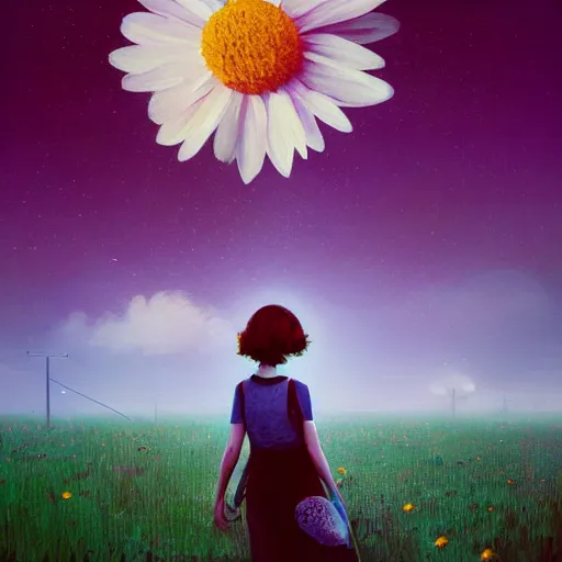 Image similar to giant daisy flower as a head, girl walking in flower field, surreal photography, moon light, dark night, dramatic, impressionist painting, clouds, digital painting, artstation, simon stalenhag