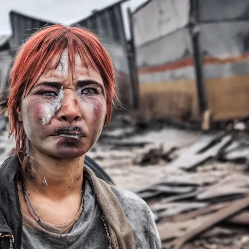 Image similar to photographic portrait of a poor techwear woman holding back tears, a futuristic shanty town burns in the background, closeup, sigma 85mm f/1.4, 4k, depth of field, high resolution, 4k, 8k, hd, full color