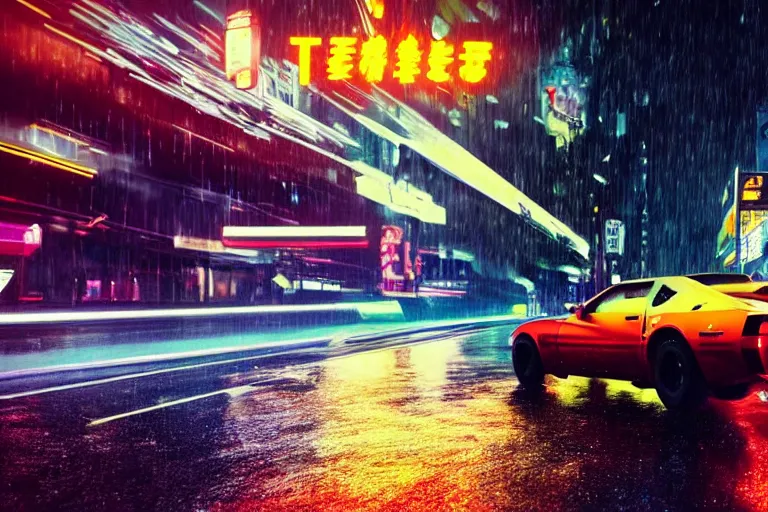 Prompt: a single trans am, speeding down tokyo highway in the rain, night time, neon lights, thunderstorm, movie still from the movie bladerunner 2 0 4 9