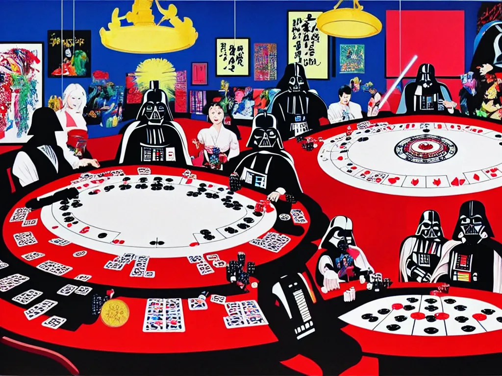 Image similar to hyper - realistic composition of a large room with an extremely detailed poker table in the center, woman in traditional japanese kimono standing nearby, darth vader sitting at the table, fireworks in the background, pop art style, jackie tsai style, andy warhol style, acrylic on canvas, dull palette