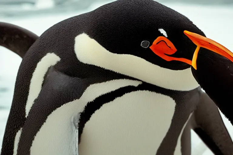 Image similar to movie scene closeup penguin wearing fishbone armor holding a katana sword in a lush arctic. by emmanuel lubezki