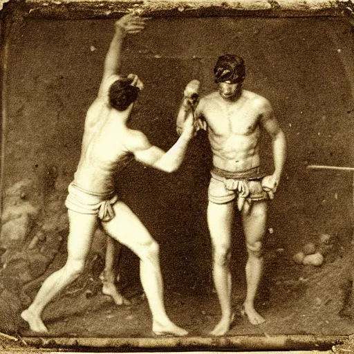 Prompt: brutal spartan men fistfighting in pit, sparta, daguerreotype photograph, ancient photograph