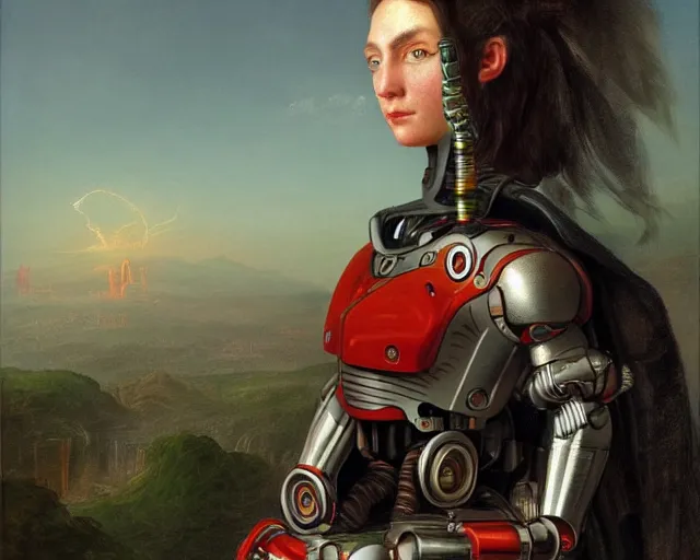 Image similar to a highly detailed portrait of a cyborg in the style of thomas cole