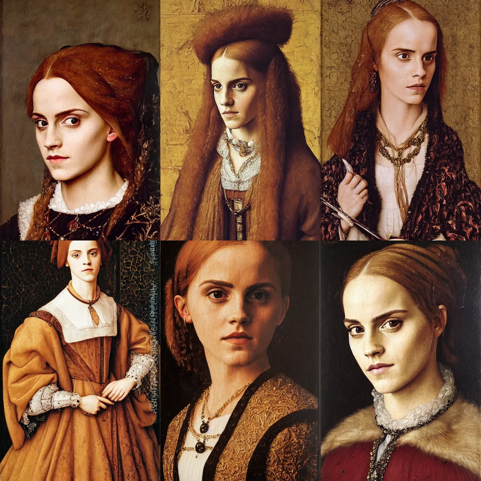 Prompt: portrait of emma watson, oil painting by jan van eyck, northern renaissance art, oil on canvas, wet - on - wet technique, realistic, expressive, detailed, detailed textures, illusionistic detail