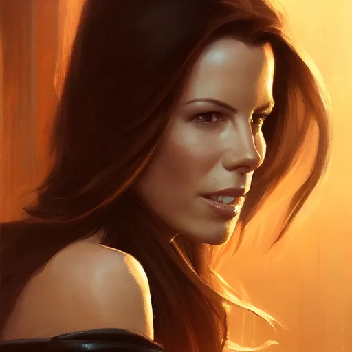 Image similar to closeup portrait of a kate beckinsale, seductive smile, chiaroscuro, city background, golden hour, dramatic lighting, complementary contrast, high detail, painted by greg rutkowski, painted by igor kieryluk, trending on artstation