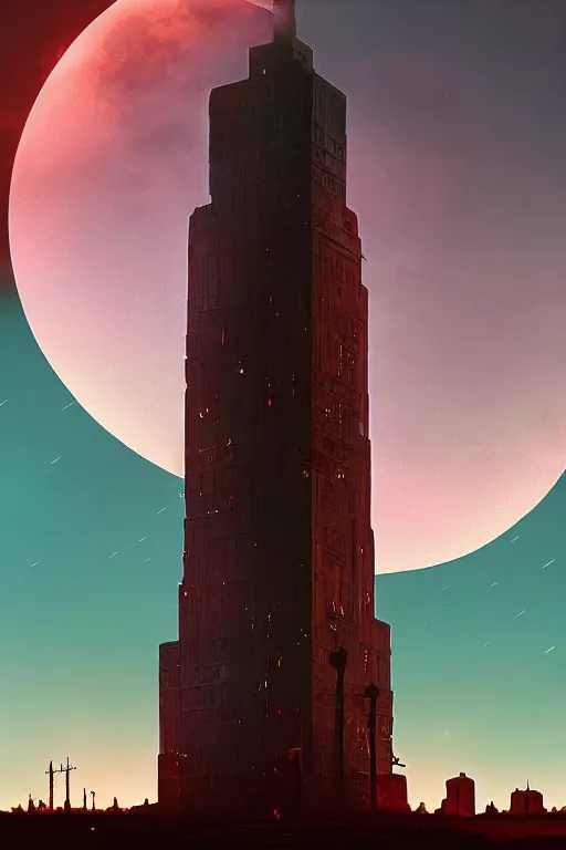 Image similar to wizard tower in downtown chicago, silhouetted by enormous bloodmoon, an epic fantasy, dramatic lighting, cinematic, establishing shot, extremely high detail, photorealistic, cinematic lighting, artstation, by simon stalenhag, horizon forbidden west