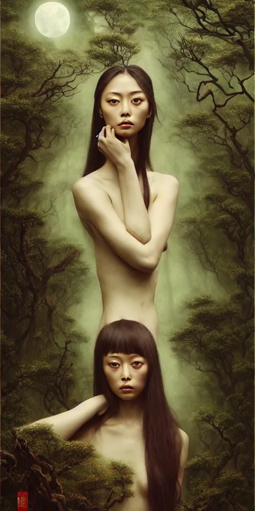 Image similar to wuxia, forest, moonlight, gemma chen, madison beer, angela sarafyan, pinup, intricate beautiful faces, surrealistic painting by agostino arrivabene, vanessa beecroft, anka zhuravleva, mary jane ansell, peter mohbacher, gerald brom