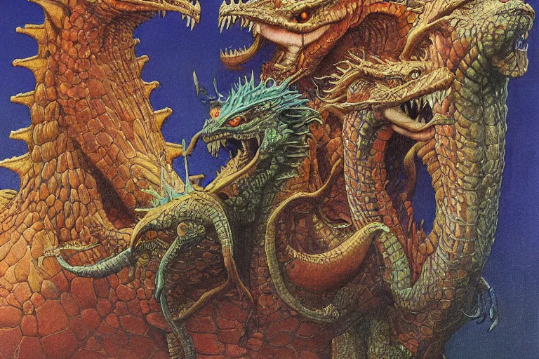 Prompt: oil painting, super - detailed scene of two headed dragon where one head is donald trump and the other is vladimir putin, japanese sci - fi books art, artwork by jean giraud and zdzislaw beksinski and alphonse mucha and hr giger, hd, 4 k, high quality