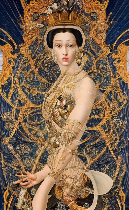 Image similar to beautiful mural of the young cyborg empress, piercing glowing eyes, elegant, futuristic royal gown, detailed ornaments, striking composition, highly detailed ornate sci fi background, vogue poses, striking composition, highly detailed ornate sci fi background, vivid details, amalgamation of nature and technology, wires, glowing tubes, beautiful composition, mural in the style of sandro botticelli, caravaggio, albrecth durer, 8k