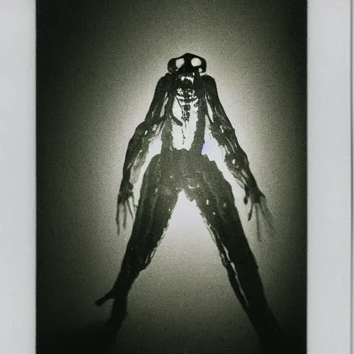 Image similar to transparent horror monster polaroid interior photo, dynamic pose, full body shot, sharp focus, grainy, flashlight