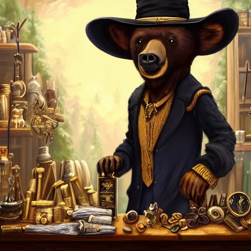 Prompt: Anthropomorphized black bear trader in his shop, selling his wares, portrait, items, gold, magic potions, carpet, window, fancy hat, sly expression , cunning expression, cute expression, long thick shiny gold beak, presenting wares, holding a gold bag, D&D, fantasy, cinematic lighting, highly detailed, digital painting, artstation, concept art, smooth, sharp focus, illustration, warm light, cozy warm tint, magic the gathering artwork, volumetric lighting, 8k, art by Akihiko Yoshida, Greg Rutkowski